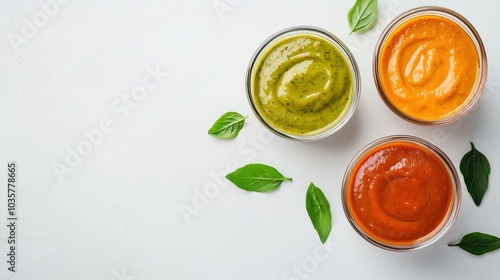 Three colorful sauces in jars, with green, orange, and red hues, surrounded by fresh basil leaves on a white background. photo