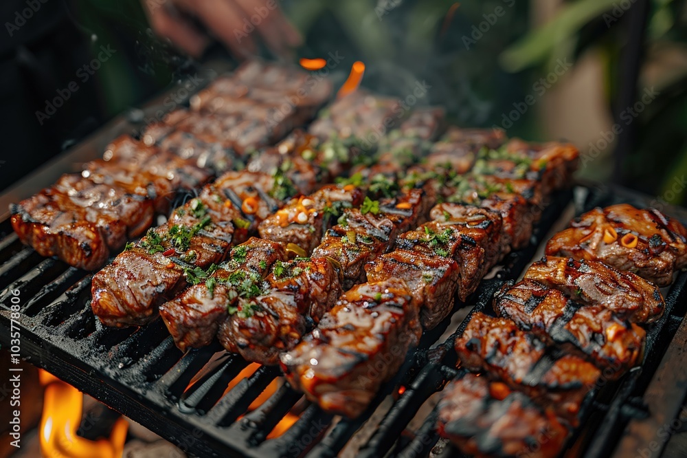 A person grilling carne asada in a Mexican backyard. A person grilling carne asada in a Mexican backyard.