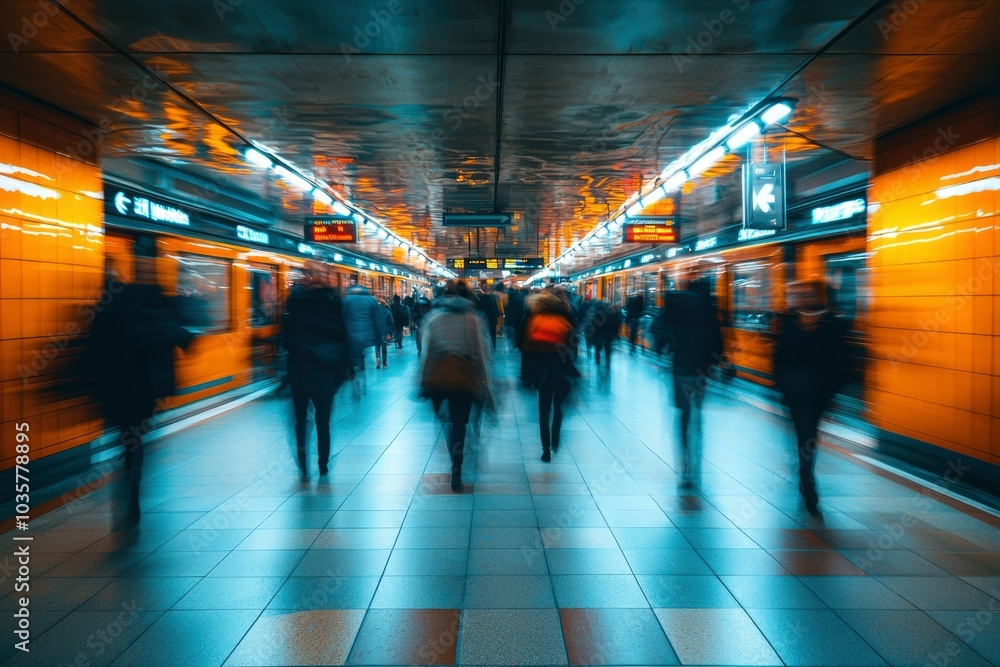Blurry silhouettes of people rushing through a subway station Blurry silhouettes of people rushing through a subway station