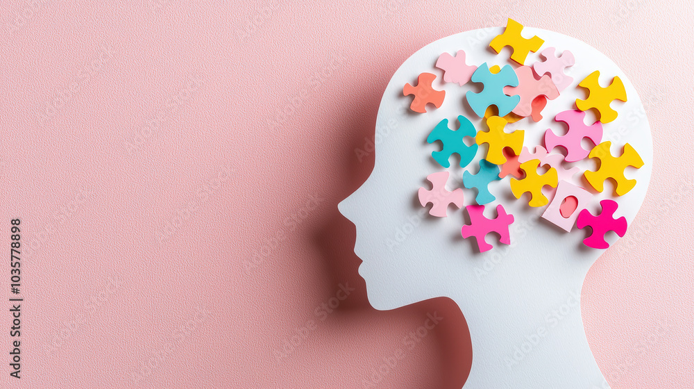 creative representation of white paper cutout head silhouette filled with colorful puzzle pieces, symbolizing complexity of thoughts and emotions creative representation of white paper cutout head silhouette filled with colorful puzzle pieces, symbolizing complexity of thoughts and emotions