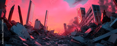 Ruined megacorp headquarters, crumbling neon signs, futuristic debris scattered photo