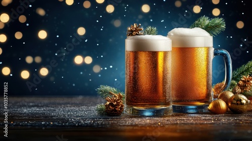 Golden holiday beer in frosty mugs with shimmering decorations photo