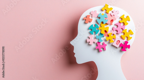 creative representation of white paper cutout head silhouette filled with colorful puzzle pieces, symbolizing complexity of thoughts and emotions