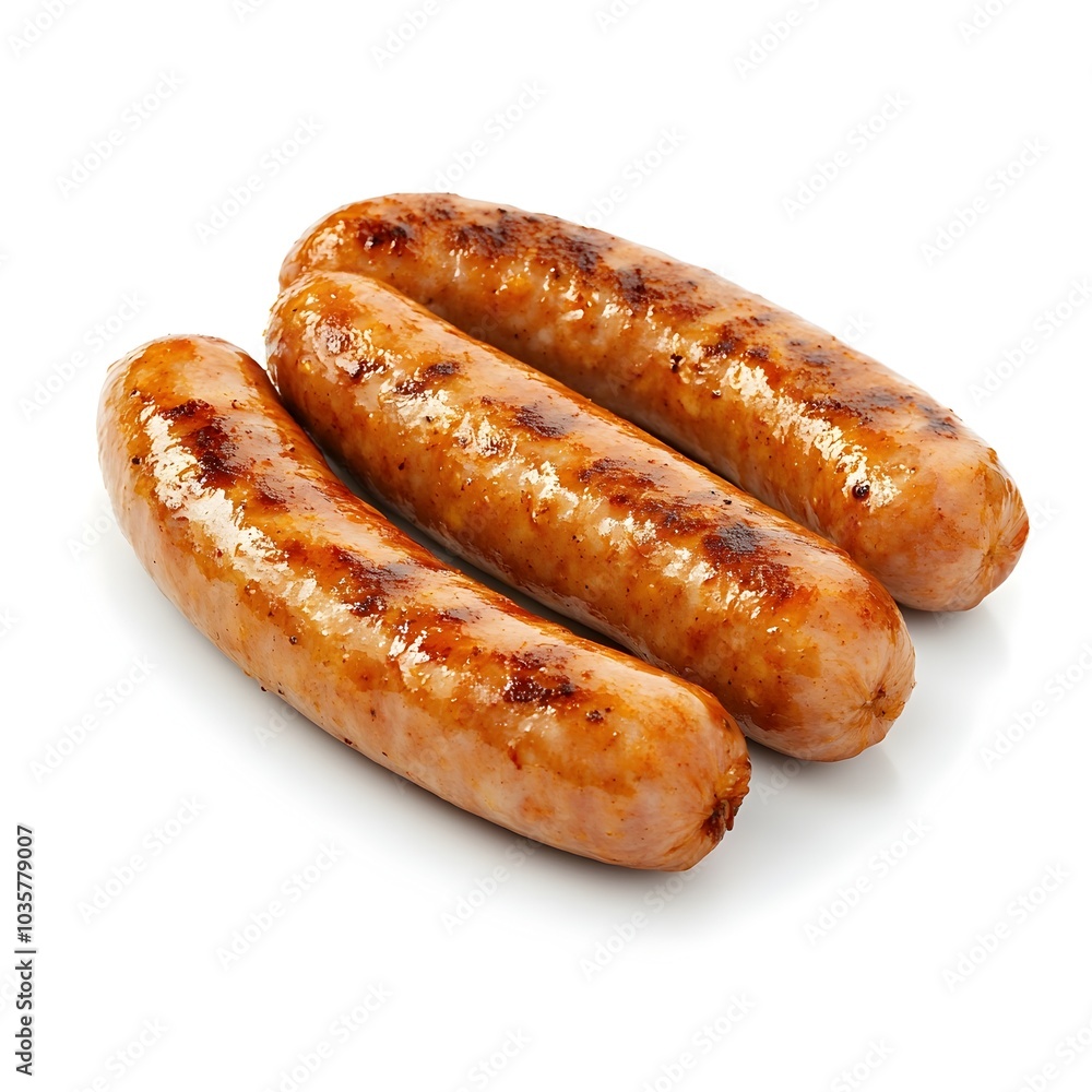 Macro Shot of Perfect Oktoberfest Smoked Pork Sausages Isolated on White Background Macro Shot of Perfect Oktoberfest Smoked Pork Sausages Isolated on White Background