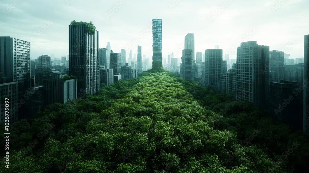 Obraz premium Ruined skyscrapers, lush overgrowth, remnants of advanced civilization, cyber remnants