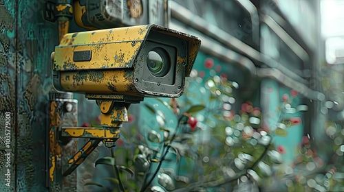 Rusty Outdoor CCTV Camera Mounted on a Factory Wall, Representing the Surveillance Concept and Industrial Security in an Urban Environment
