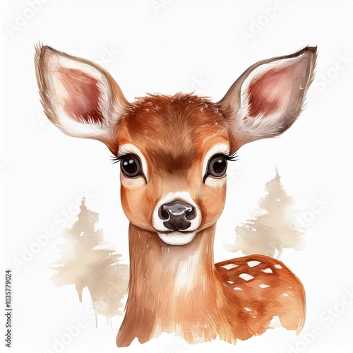 Watercolor clipart of a cute deer on a white background, ideal for use in greeting cards and other stationery designs. photo