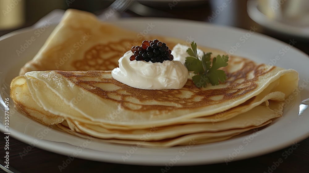 Close-up of a plate of Russian pancakes (blini) with sour cream and caviar, served on a wooden table. Close-up of a plate of Russian pancakes (blini) with sour cream and caviar, served on a wooden table.