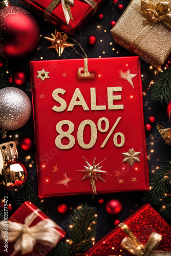 Christmas presents with a sale sign, surrounded by festive decorations and gift boxes.