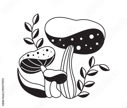 Celestial black mushroom. Esotericism and mysticism, magic. Witchcraft and sorcery. Cosmos and universe, galaxy. Fungugs with stars. Linear vector illustration