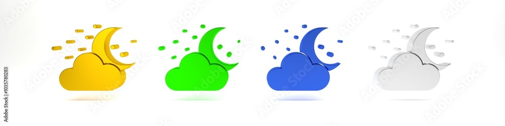Colorful Cloud with moon and stars icon isolated on white background. Cloudy night sign. Sleep dreams symbol. Night or bed time sign. Minimalism concept. 3D render illustration Colorful Cloud with moon and stars icon isolated on white background. Cloudy night sign. Sleep dreams symbol. Night or bed time sign. Minimalism concept. 3D render illustration