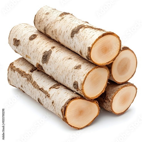 Pristine Birch Firewood Stacked in Perfect Arrangement on White Background