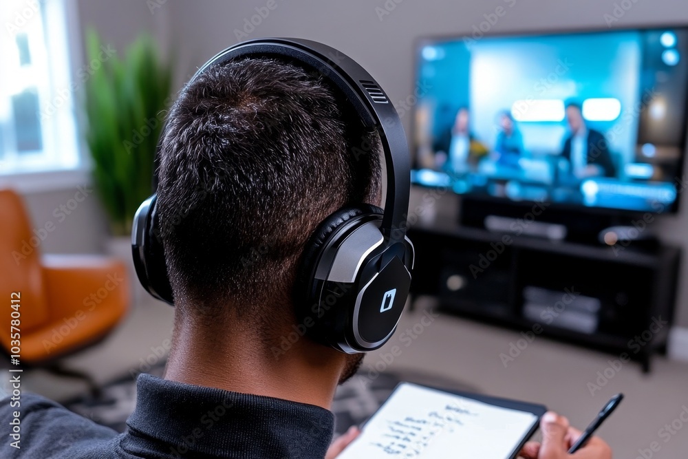 A person having a virtual meeting in their living room, headphones on and a notebook in hand A person having a virtual meeting in their living room, headphones on and a notebook in hand
