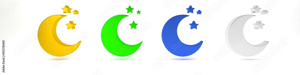Colorful Moon and stars icon isolated on white background. Minimalism concept. 3D render illustration Colorful Moon and stars icon isolated on white background. Minimalism concept. 3D render illustration