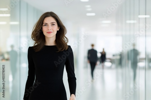 Free Download Confident woman in a black dress walking through a modern office hallway during the day - GFXLoad