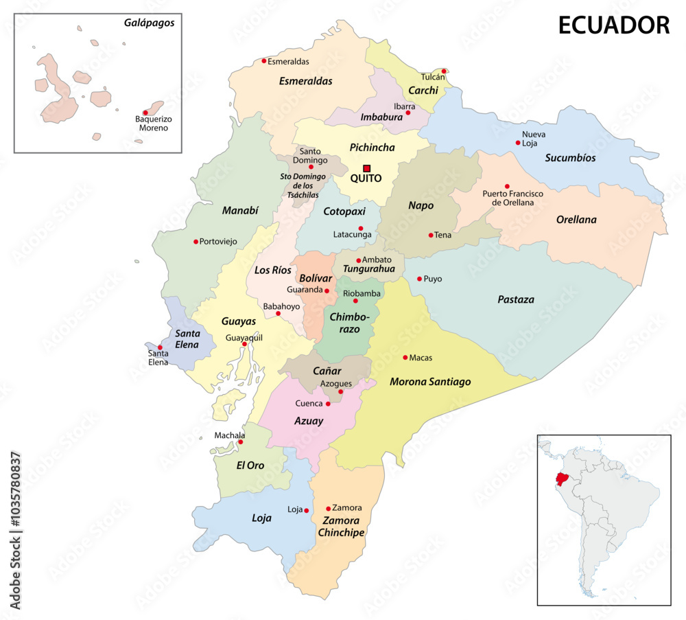 Fototapeta premium Administrative vector map of the South American Republic of Ecuador