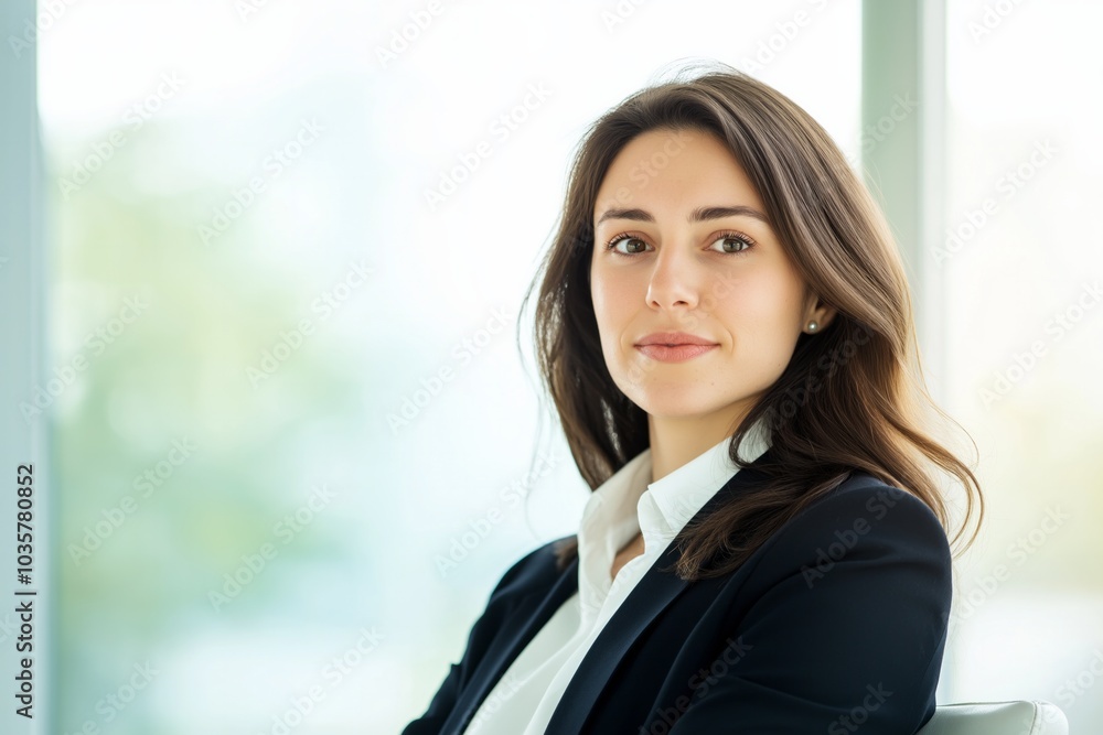 Businesswoman in a sharp suit engaged in a video conference in a modern office environment Businesswoman in a sharp suit engaged in a video conference in a modern office environment