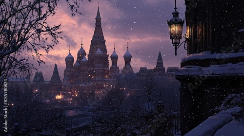 Snow falling gently over Moscow iconic Red Square during a winter evening.