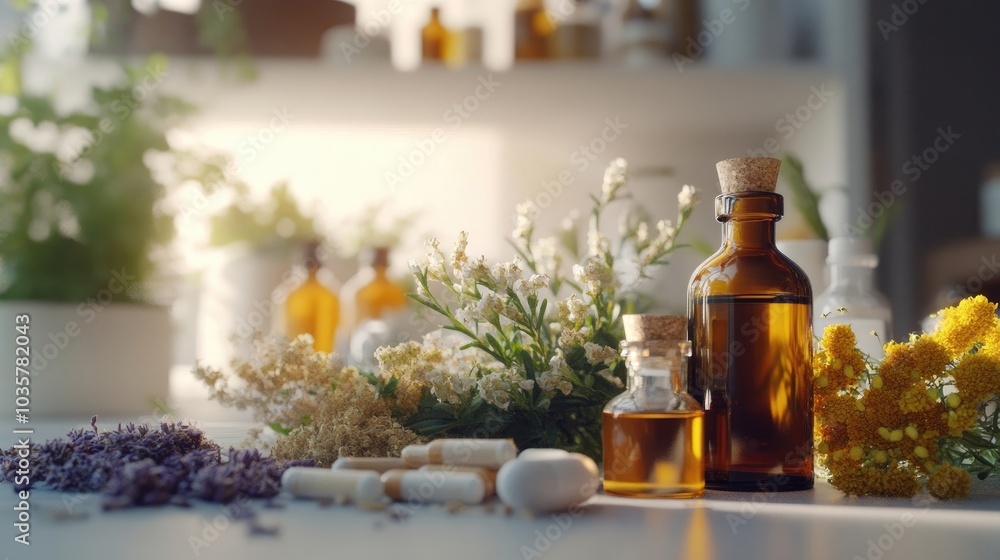 An assortment of natural remedies, including tinctures and dried herbs, arranged on a bright surface An assortment of natural remedies, including tinctures and dried herbs, arranged on a bright surface
