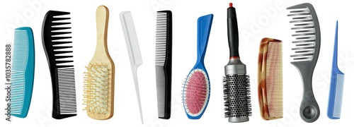 Set of different types and colors of hair brushes and combs. Each tool serves its unique purpose in achieving perfect hairstyle. Isolated on transparent background