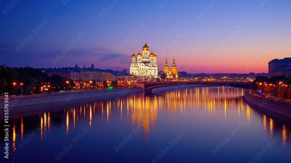The golden-domed Cathedral of Christ the Savior reflected in the Moscow River at sunset. The golden-domed Cathedral of Christ the Savior reflected in the Moscow River at sunset.