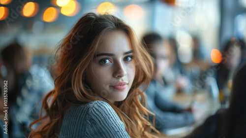 Portrait of a woman in a cozy cafe setting with warm lights.