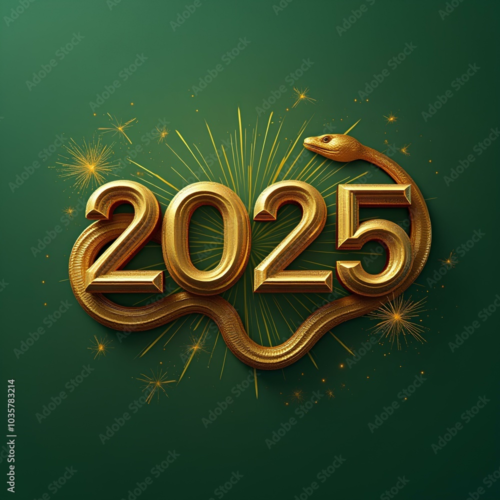 A golden wooden snake wrapping around the text '2025.' on deep green background. Chinese new year tradition A golden wooden snake wrapping around the text '2025.' on deep green background. Chinese new year tradition