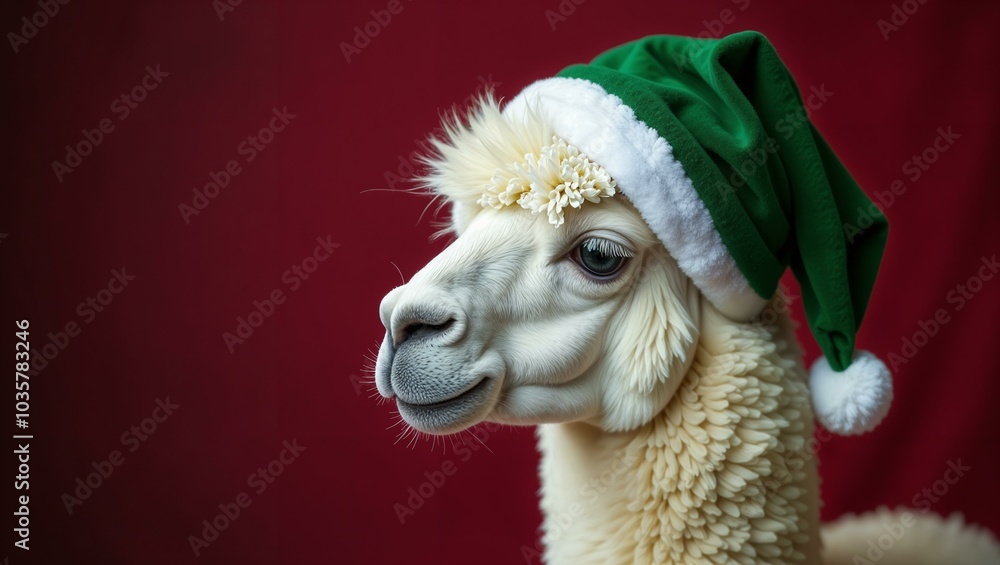 A cheerful white llama in a green Santa hat poses against a vibrant red backdrop, capturing the festive spirit of the holiday season. A cheerful white llama in a green Santa hat poses against a vibrant red backdrop, capturing the festive spirit of the holiday season.