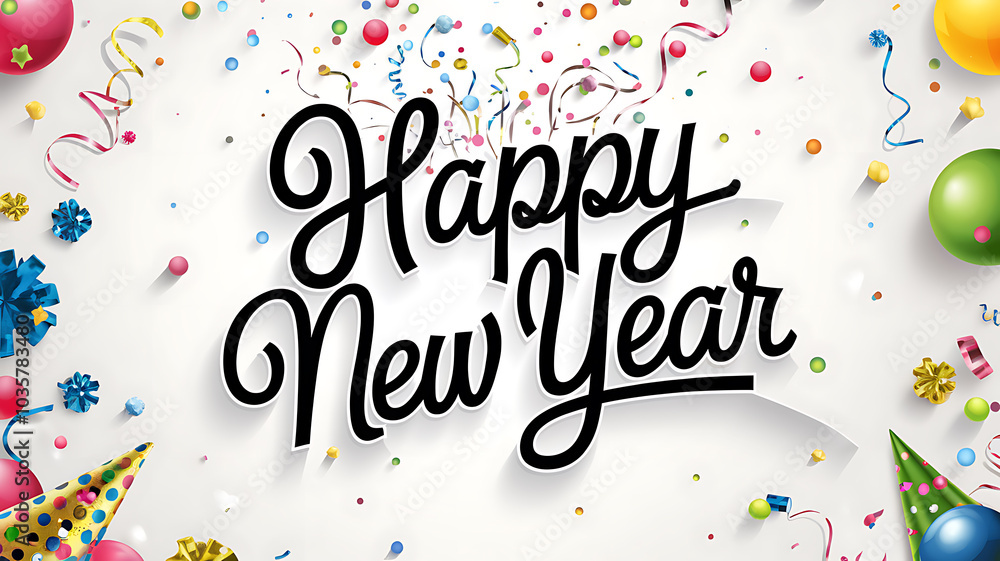 Happy New Year message with golden confetti
Happy New Year message with golden confetti
