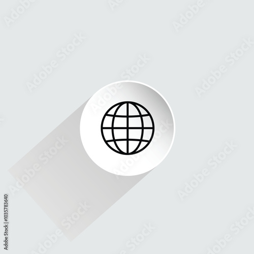 A minimalist globe icon featuring a black wireframe sphere on a white circular button. Clean design, subtle shadow, geometric shapes, and modern UI style