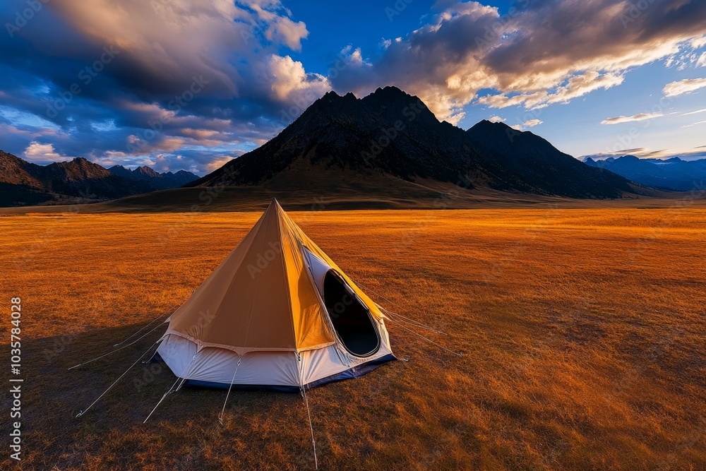 A small tent in the middle of an open field, blending simplicity with solitude A small tent in the middle of an open field, blending simplicity with solitude