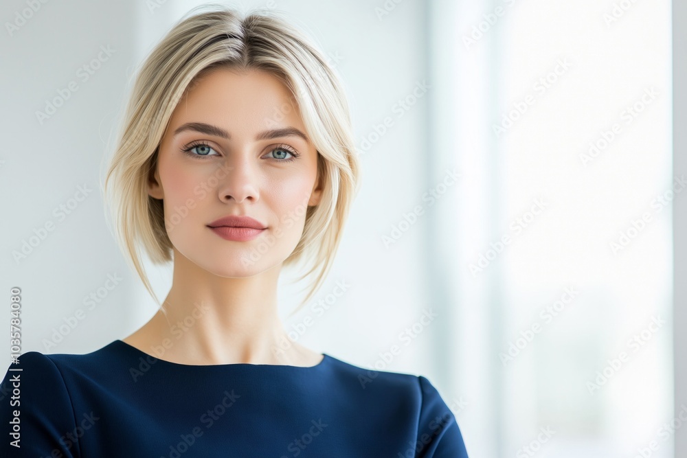 Confident blonde businesswoman in a modern office standing by the window with a professional demeanor Confident blonde businesswoman in a modern office standing by the window with a professional demeanor
