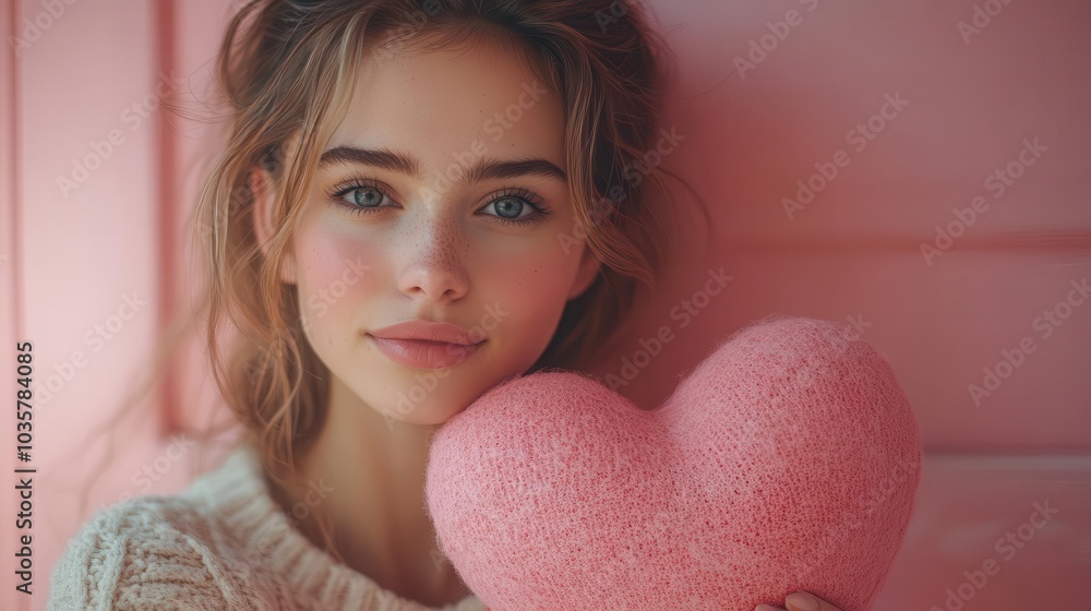 portrait of a stylish young woman holding a large pink heart embodying affection and romance minimalistic design with soft pastel tones enhancing the theme of love and valentines day celebration portrait of a stylish young woman holding a large pink heart embodying affection and romance minimalistic design with soft pastel tones enhancing the theme of love and valentines day celebration