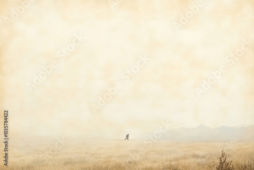 A soft watercolor painting of a lone traveler crossing a field, with muted tones and flowing brushstrokes photo