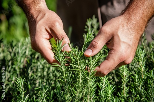 Hands picking fresh rosemary and thyme from a lush herb garden, symbolizing the natural healing and healing power of plants.