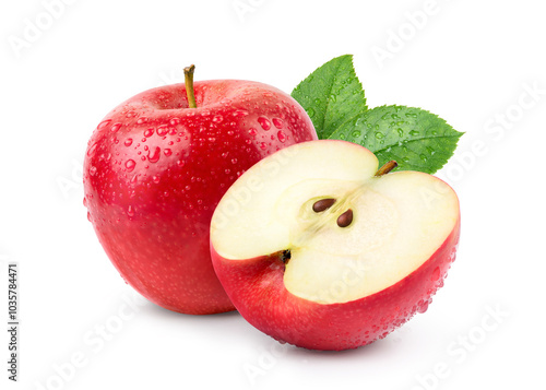 Red apple with cut in half and water droplets isolated on white background. photo