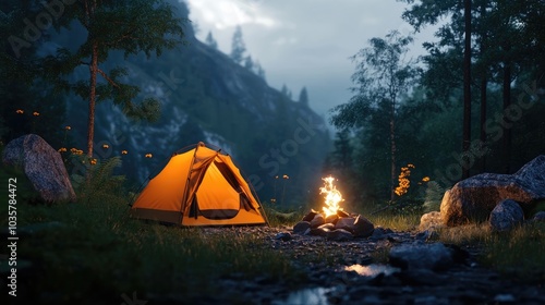 An icon of a scenic camping setup with a tent and campfire, celebrating outdoor adventures