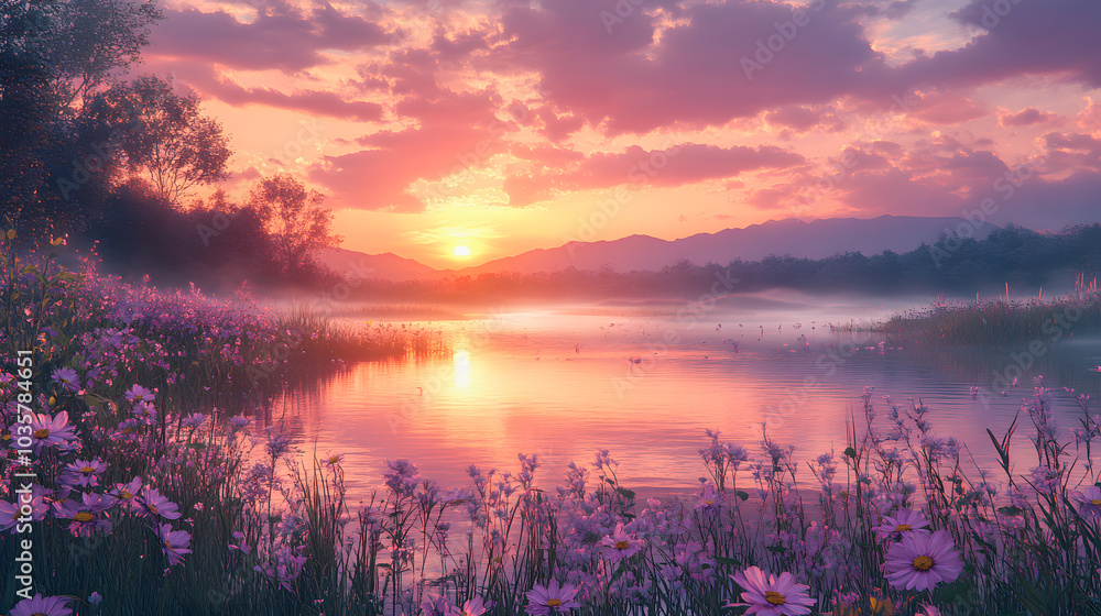 Fototapeta premium Stunning sunset with vibrant pink and purple hues over rolling hills. A river winds through the mist-covered landscape, and distant mountains and a tower are visible on the horizon.