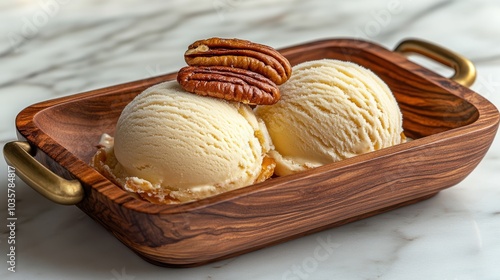 Two scoops of vanilla ice cream with pecan nuts in a wooden bowl on a marble background. photo