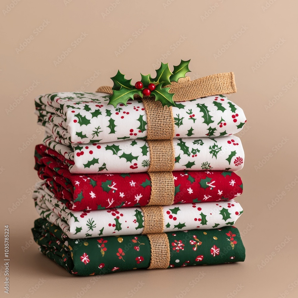 A stack of festive, patterned fabric rolls in red, green, and white, decorated with a burlap ribbon and holly, perfect for holiday crafting. A stack of festive, patterned fabric rolls in red, green, and white, decorated with a burlap ribbon and holly, perfect for holiday crafting.