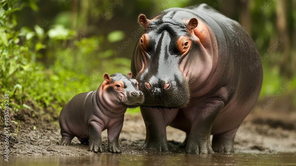A baby hippo cuddling next to its mother on a muddy riverbank, surrounded by lush greenery Focus on the bond between them, with soft natural light creating a warm, nurturing scene A baby hippo cuddling next to its mother on a muddy riverbank, surrounded by lush greenery Focus on the bond between them, with soft natural light creating a warm, nurturing scene