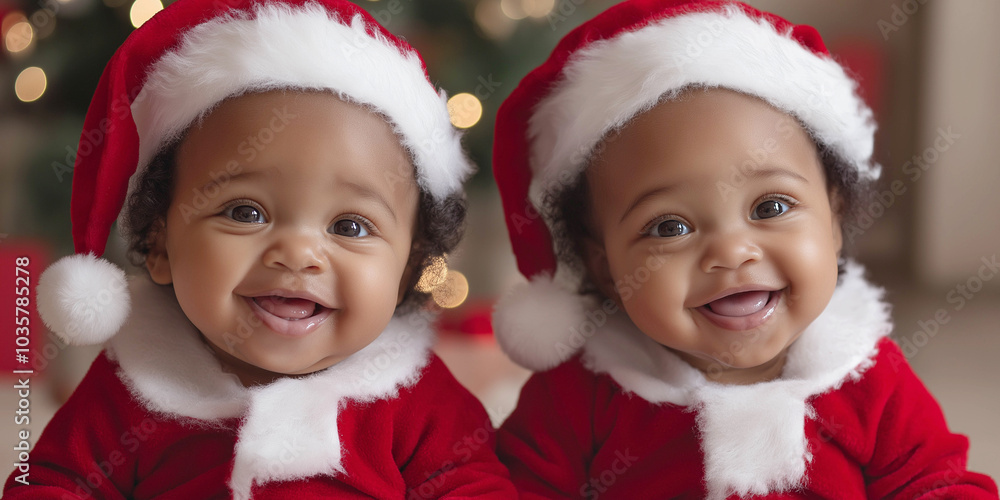 Photo of two one-year-old African American twins in front of a Christmas tree, dressed in a Santa Claus costume, happy and smiling. Christmas concept. Advertising banner. Photo of two one-year-old African American twins in front of a Christmas tree, dressed in a Santa Claus costume, happy and smiling. Christmas concept. Advertising banner.