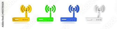 Colorful Router and wi-fi signal symbol icon isolated on white background. Wireless ethernet modem router. Computer technology internet. Minimalism concept. 3D render illustration