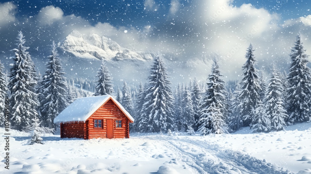 Serene Snowy Landscape with Wooden Cabin Serene Snowy Landscape with Wooden Cabin