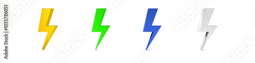 Colorful Lightning bolt icon isolated on white background. Flash icon. Charge flash icon. Thunder bolt. Lighting strike. Minimalism concept. 3D render illustration