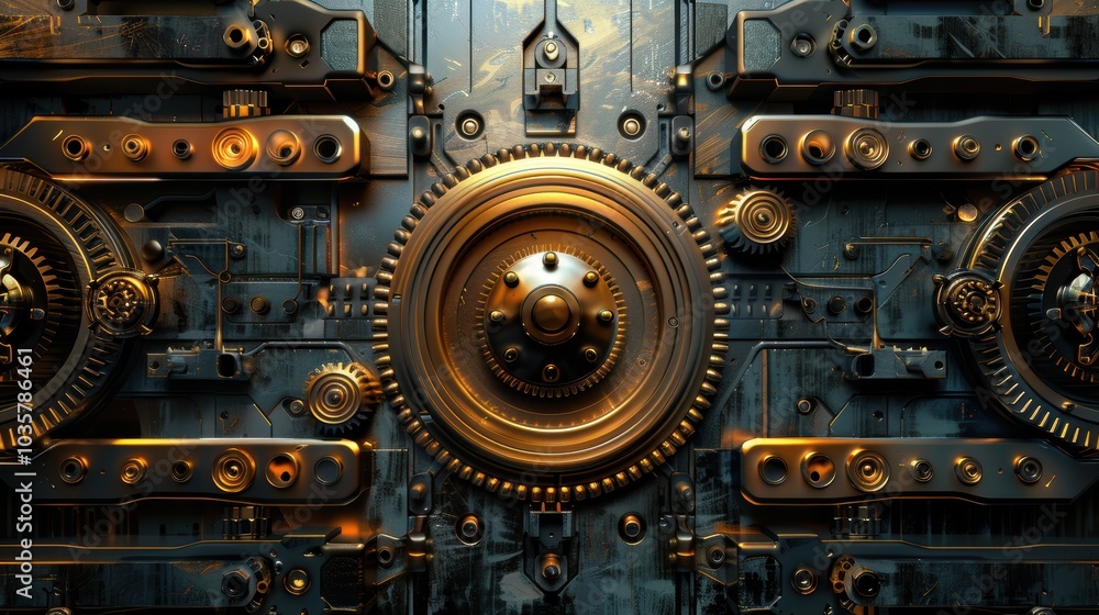High-Tech Symmetrical Gear Mechanism with Polished Steel and Brass Elements, Illuminated by Soft Light High-Tech Symmetrical Gear Mechanism with Polished Steel and Brass Elements, Illuminated by Soft Light