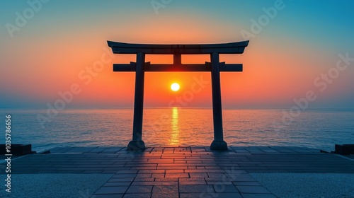 Serene Torii Gate at Sunset Over the Ocean