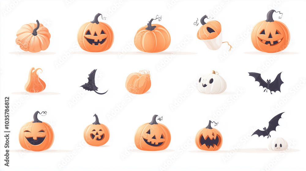 Set of Halloween themed pumpkin with scary lighting face isolated on white background Set of Halloween themed pumpkin with scary lighting face isolated on white background