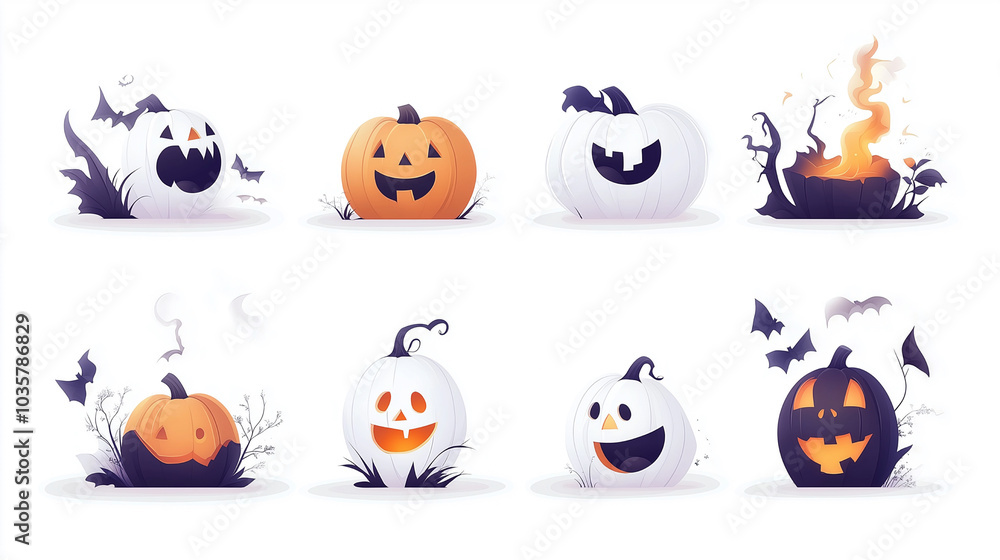 Obraz premium Set of Halloween themed pumpkin with scary lighting face isolated on white background