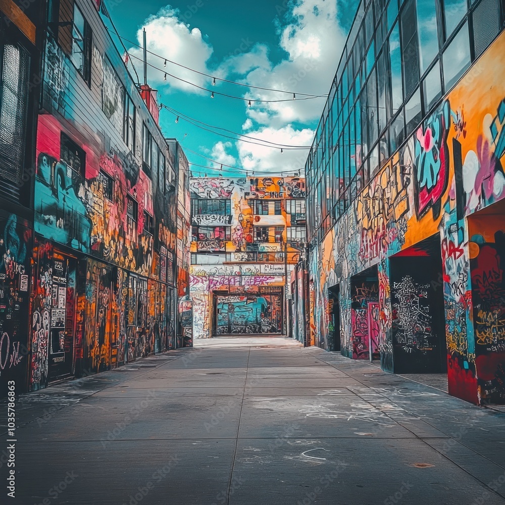 Fototapeta premium Vibrant urban alleyway adorned with colorful street art and graffiti masterpieces